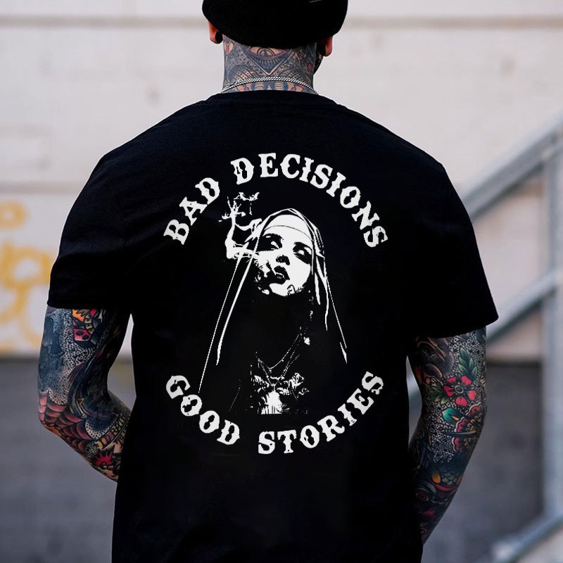 BAD DECISIONS GOOD STORIES Smoking Nun Print Men's T-Shirt