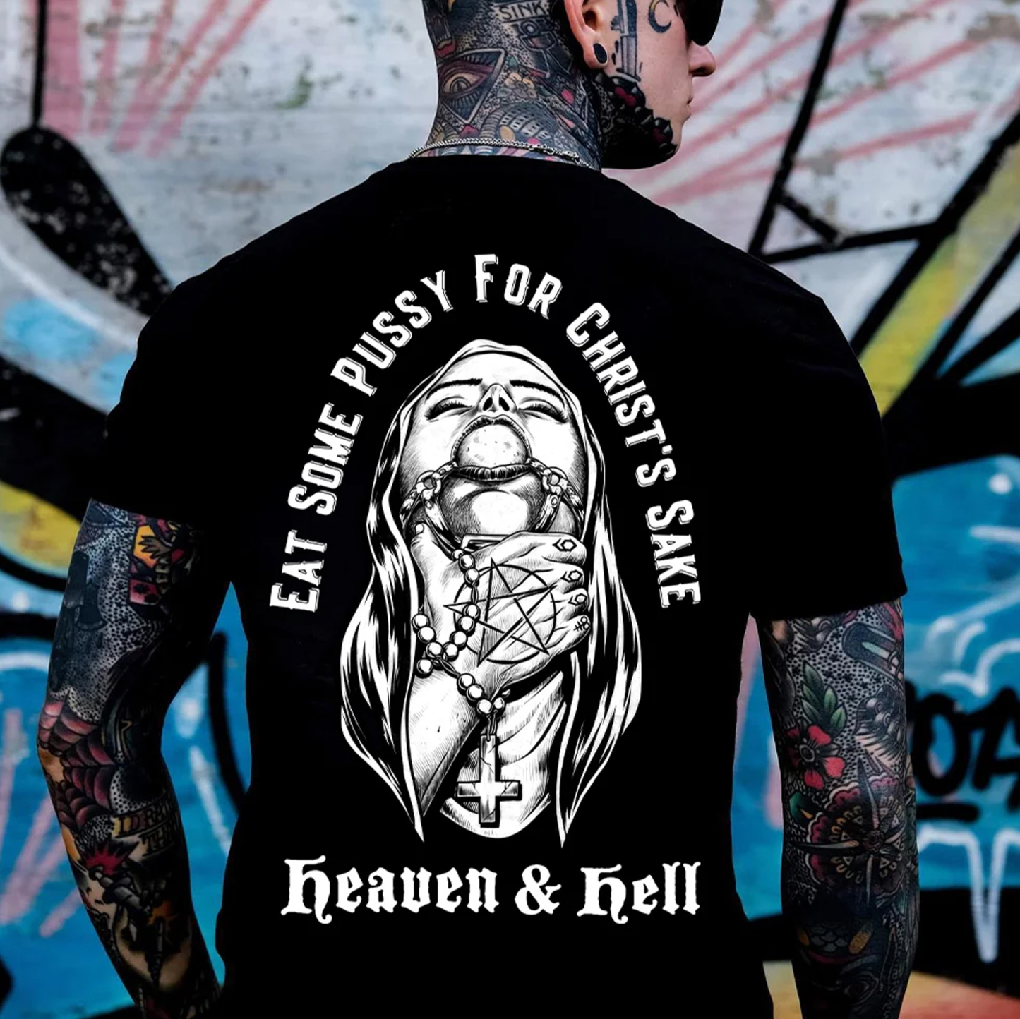 EAT SOME PUSSY FOR CHRIST'S SAKE HEAVEN&HELL Chokehold Nun Print Men's T-Shirt