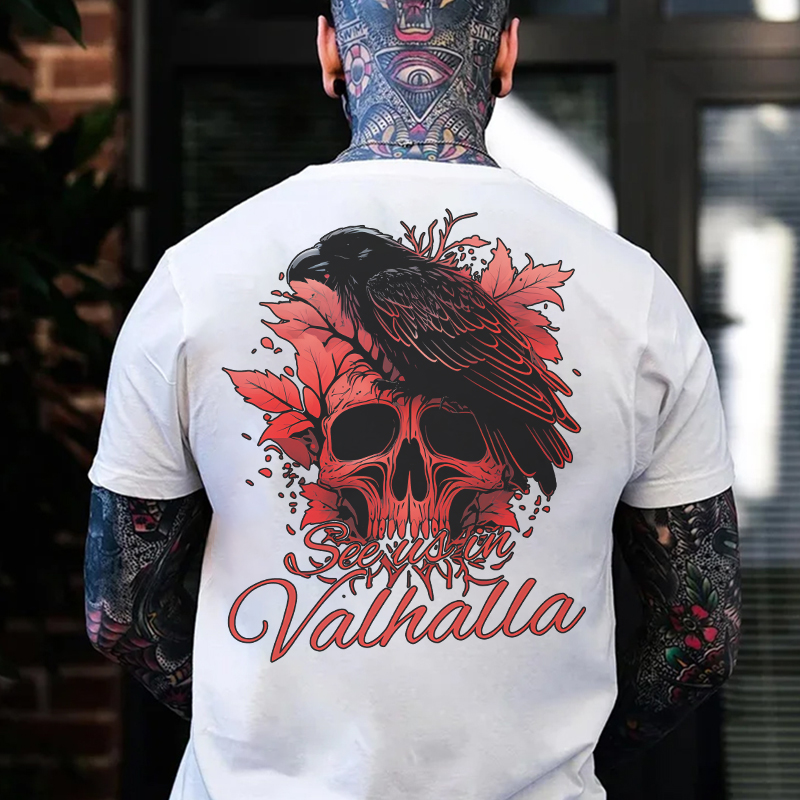 SEE US IN VALHALLA Crow&Skull Print Men's T-Shirt