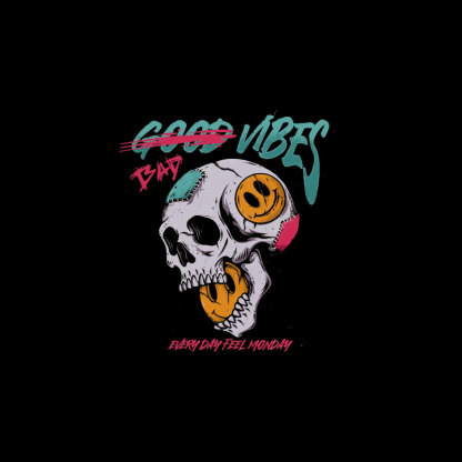 BAD VIBES Skull with Emoji Black Print T-shirt