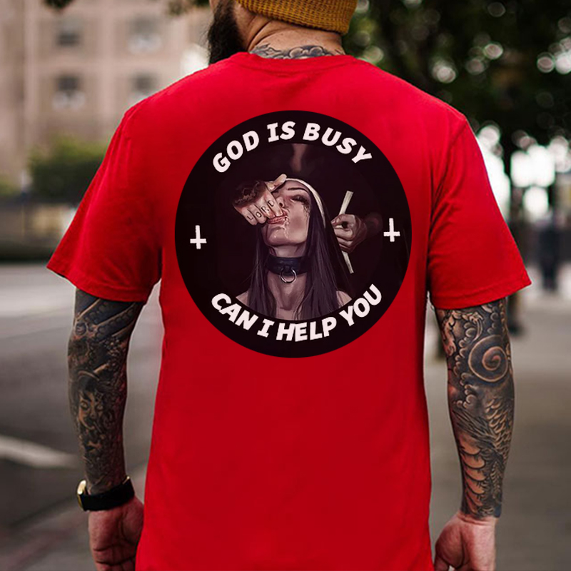 GOD IS BUSY CAN I HELP YOU Sucking Finger Nun Print Men's T-Shirt
