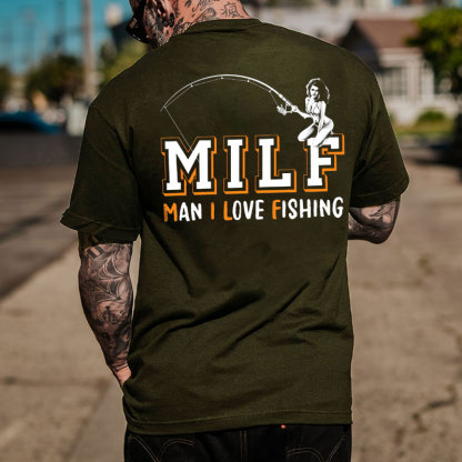 MILF MAN I LOVE FISHING Naked Lady Black Print T-shirt
