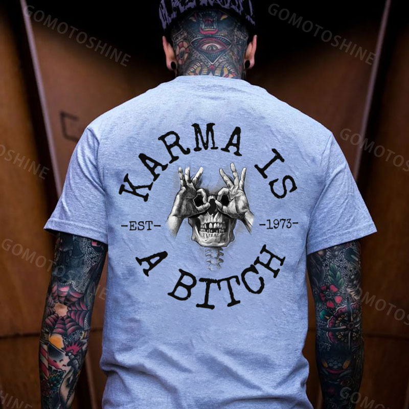 KARMA IS A BITCH Skull With OK Print Men's T-Shirt Image - 4