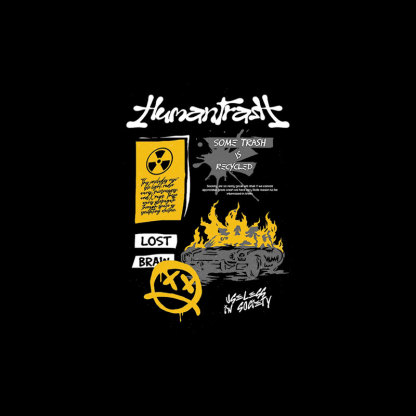 LOST BRAIN Emoji with Burning Fire Black Print T-shirt