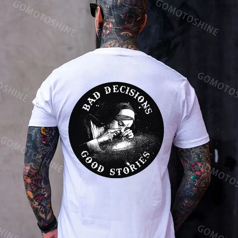 BAD DECISIONS GOOD STORIES Nun Smoking Black Print T-Shirt Image - 3