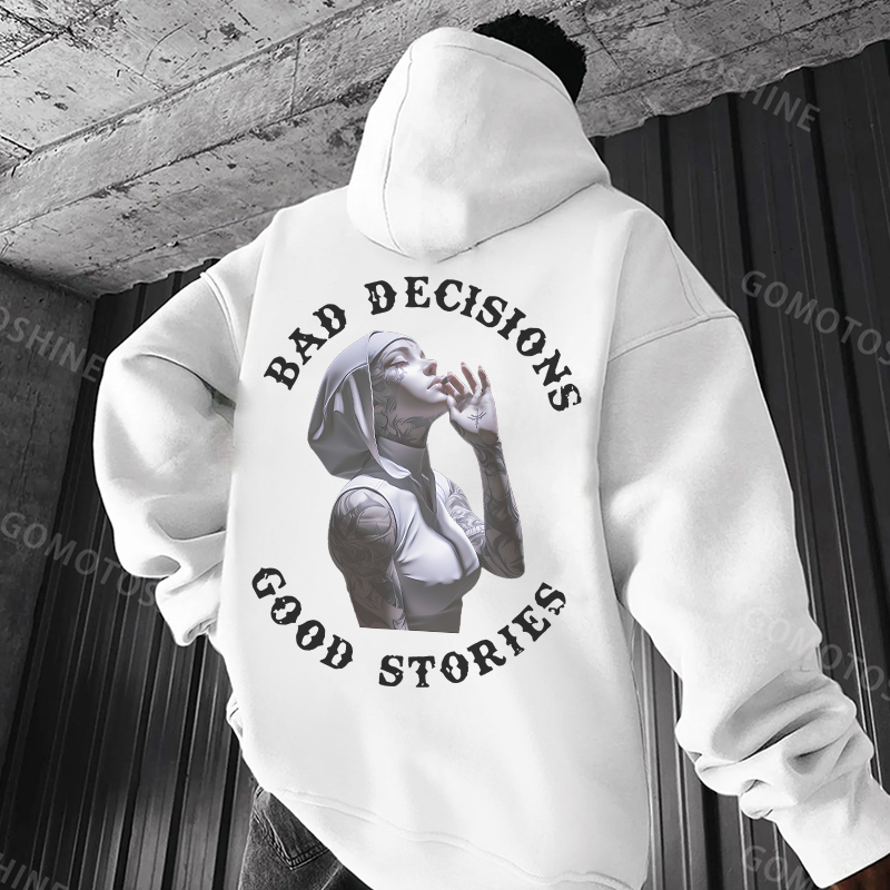 BAD DECISIONS GOOD STORIES Tattooed Nun Print Men's Hoodie