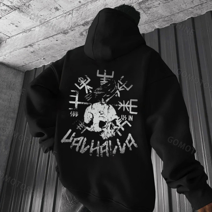 SEE US IN VALHALLA Skull Black Print Hoodie