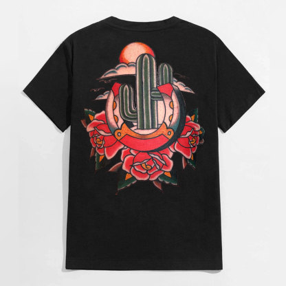 U-shaped Cactus with Roses Black Print T-Shirt