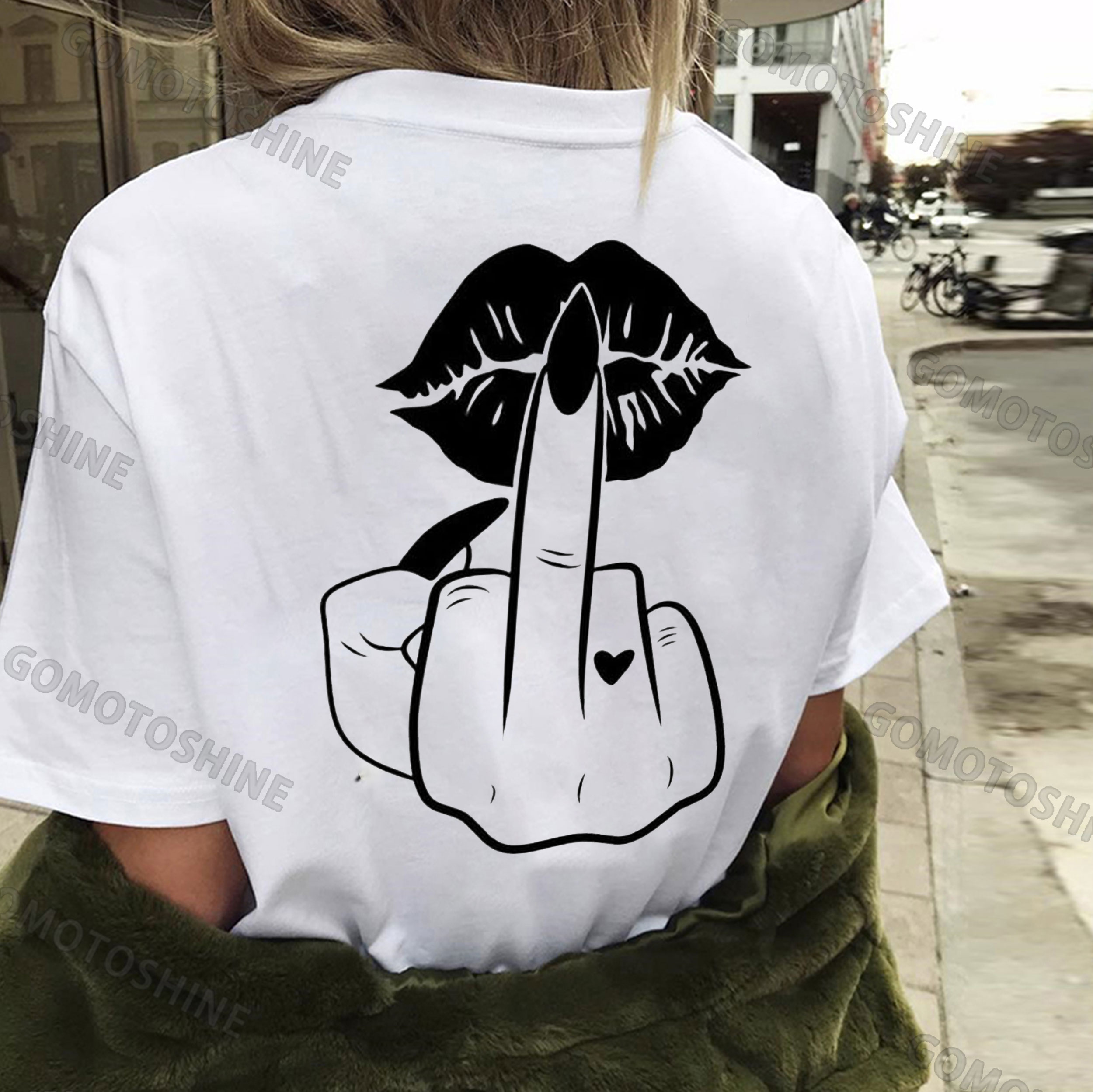 Fuck You Gesture Black Lips Print Women's T-shirt