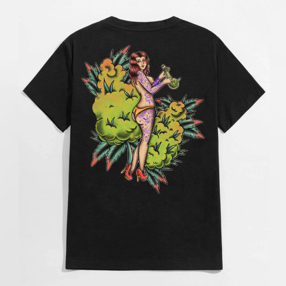 Tattooed Lady in the Plants Black Print T-Shirt