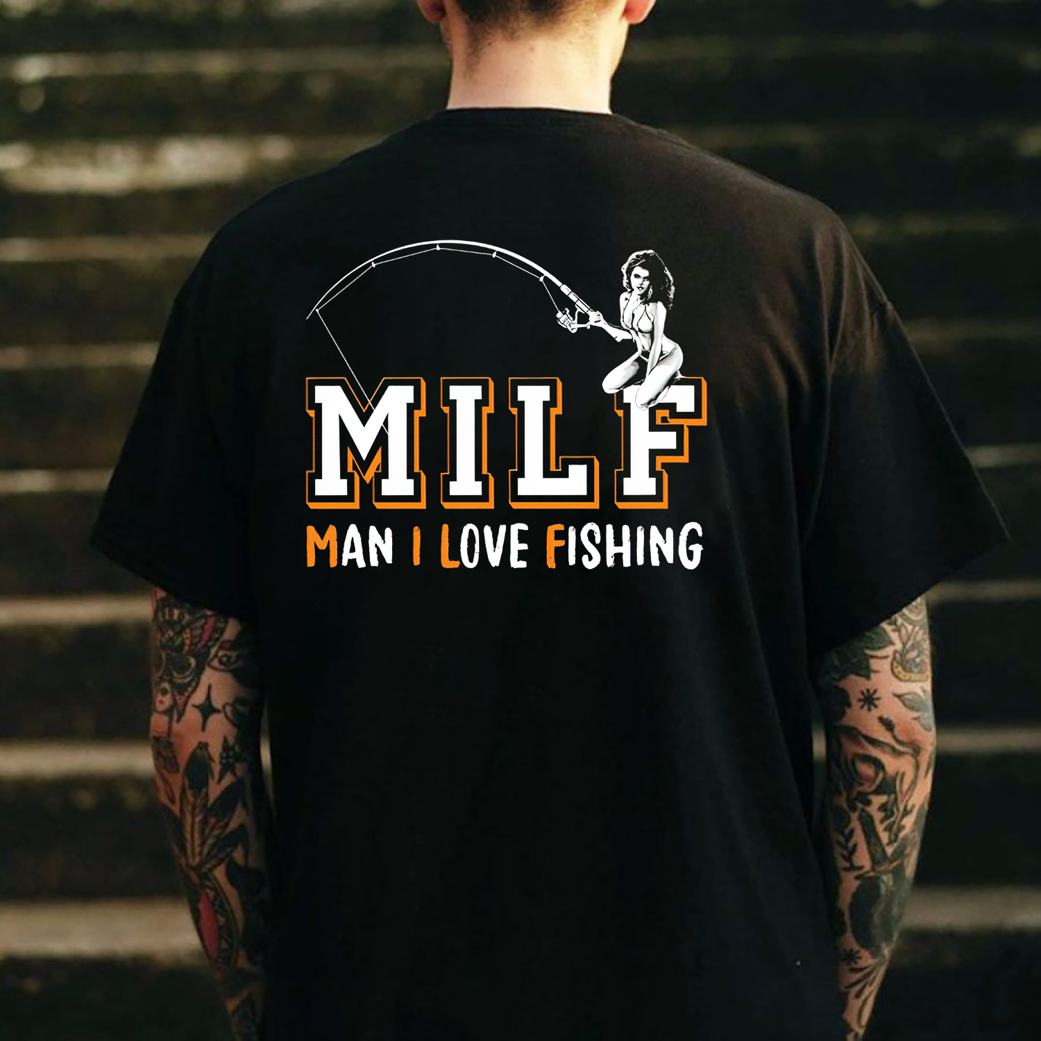 MILF MAN I LOVE FISHING Naked Lady Black Print T-shirt