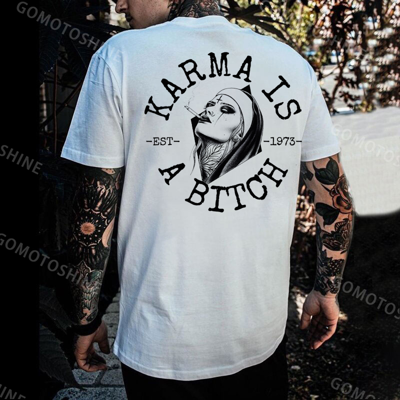 KARMA IS A BITCH Smoking Nun Print Men's T-Shirt