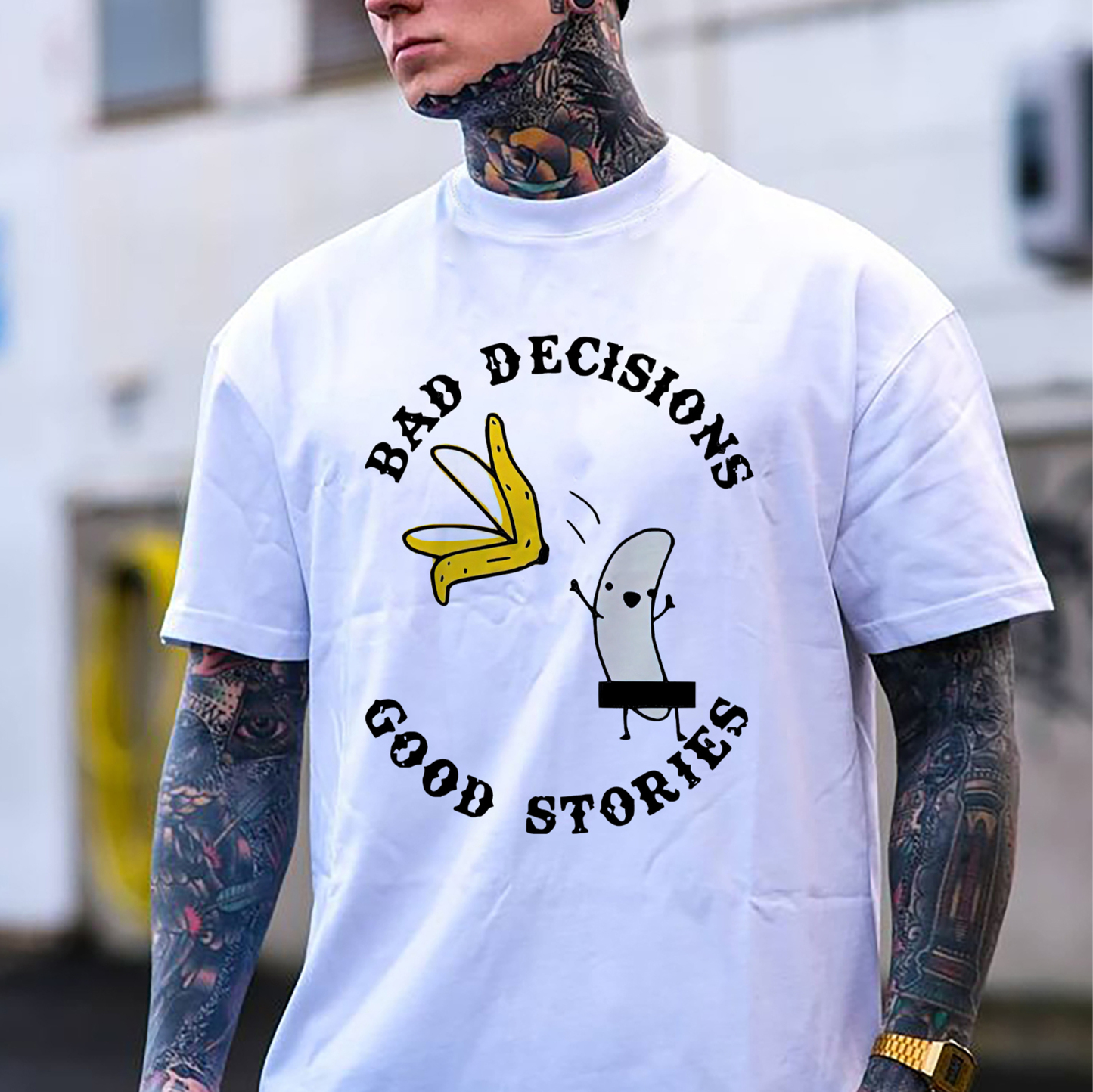 BAD DECISIONS GOOD STORIES White Print T-Shirt