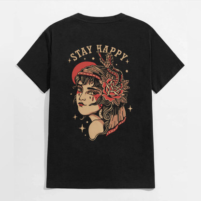 STAY HAPPY Gothic Lady with Snake Rose Black Print T-shirt