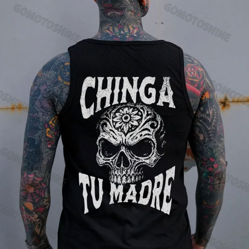 CHINGA TU MADRE Flower Carving Skull Print Men's Vest