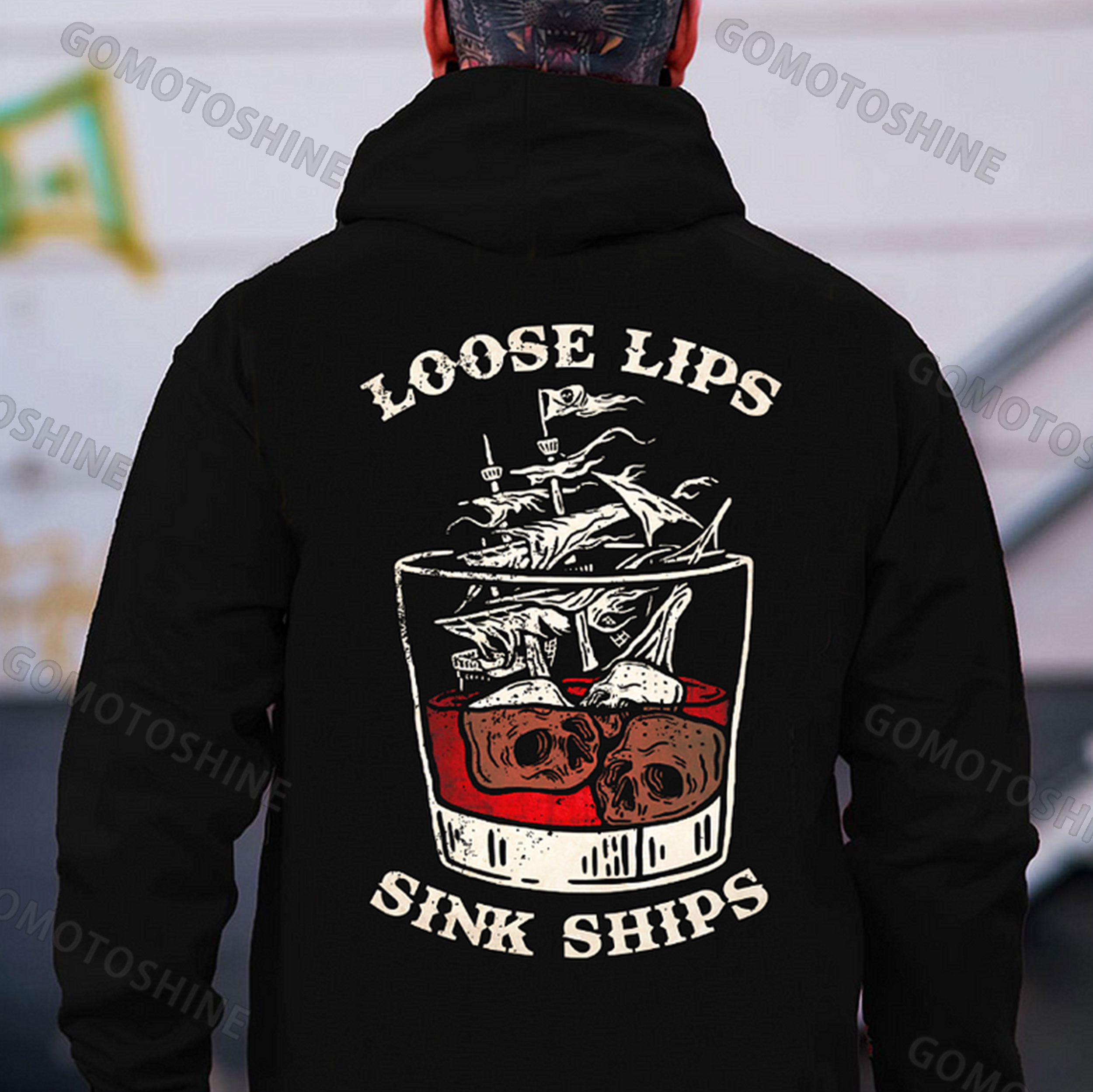 LOOSE LIPS SINK SHIPS Skull Ship Wine Glass Print Men's Hoodie