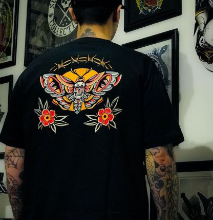 Skull Butterfly with Flowers Black Print T-Shirt