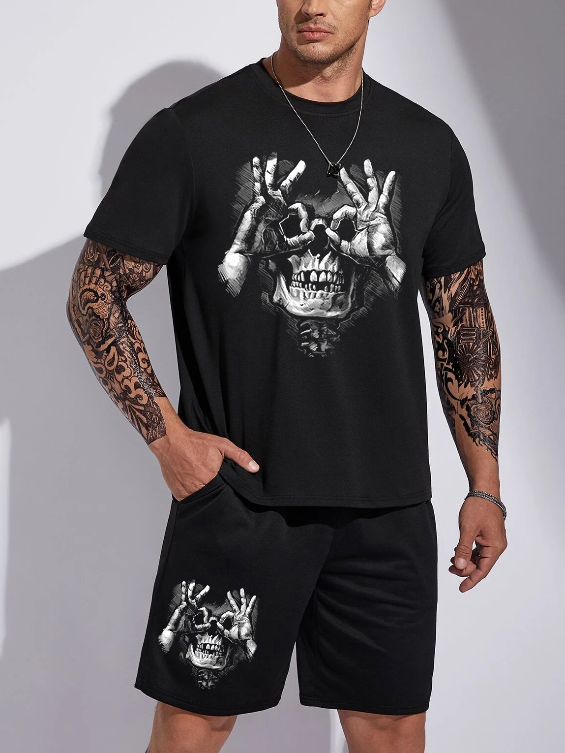 Skull with OK Gesture Black Printed Suit