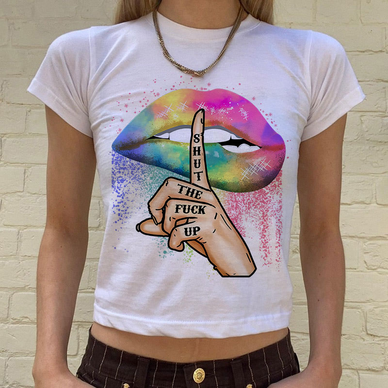 SHUT THE F*CK UP Iridescent Lips Print Women's Cropped T-shirt