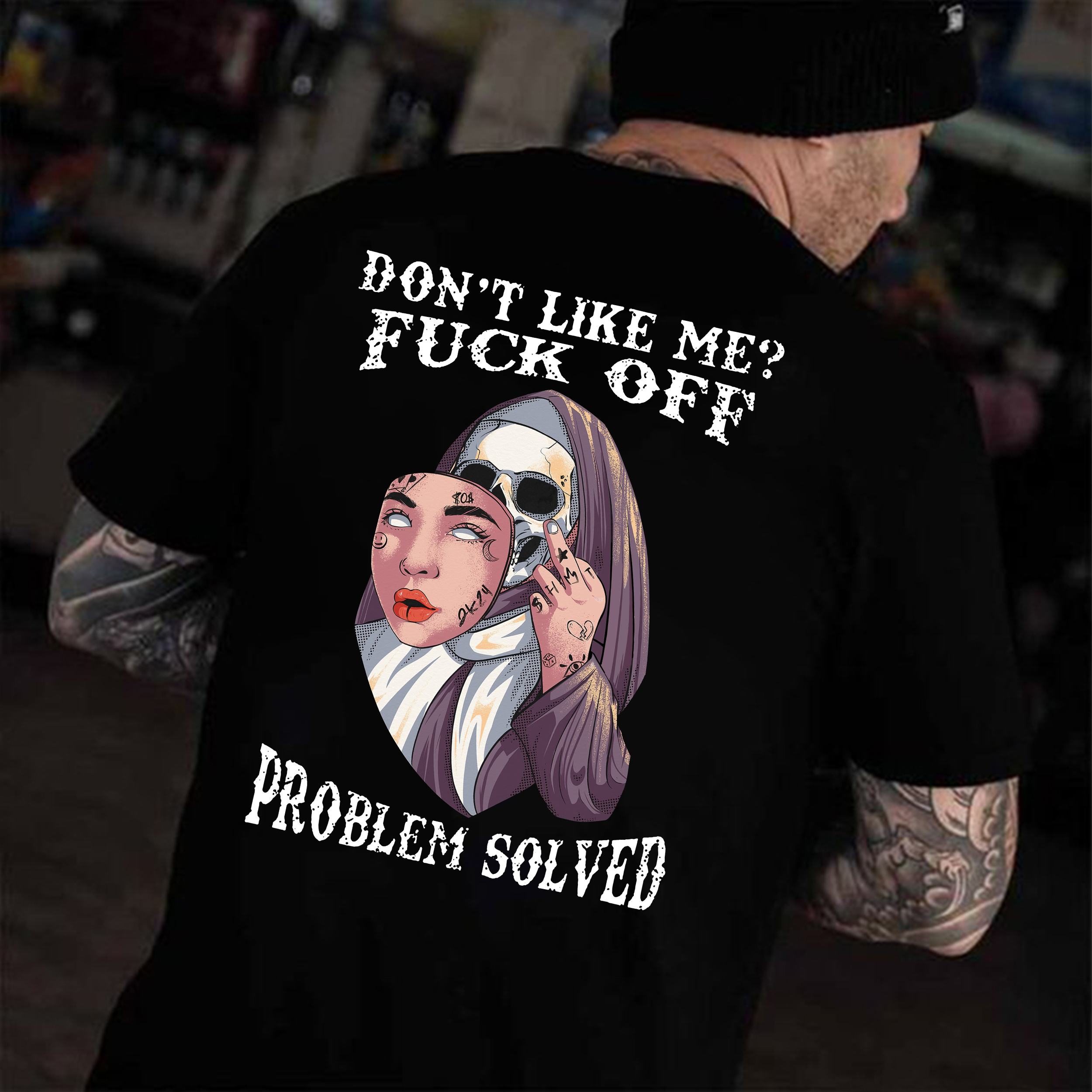 DON'T LIKE ME FUCK OFF Human Skin Mask Skeleton Black Print T-shirt