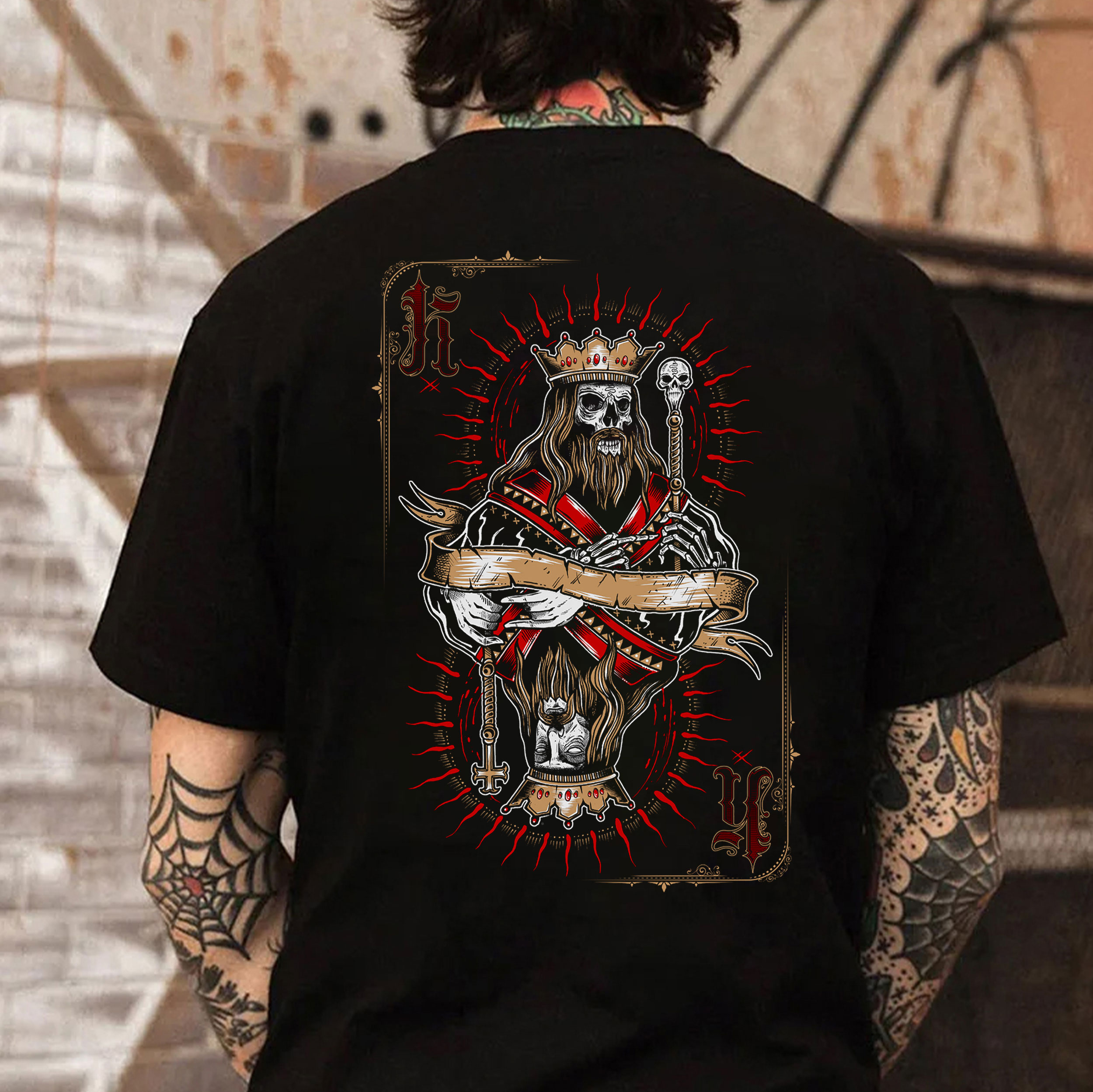 Poker King Skull Tarot Card Graphic Black Print T-Shirt