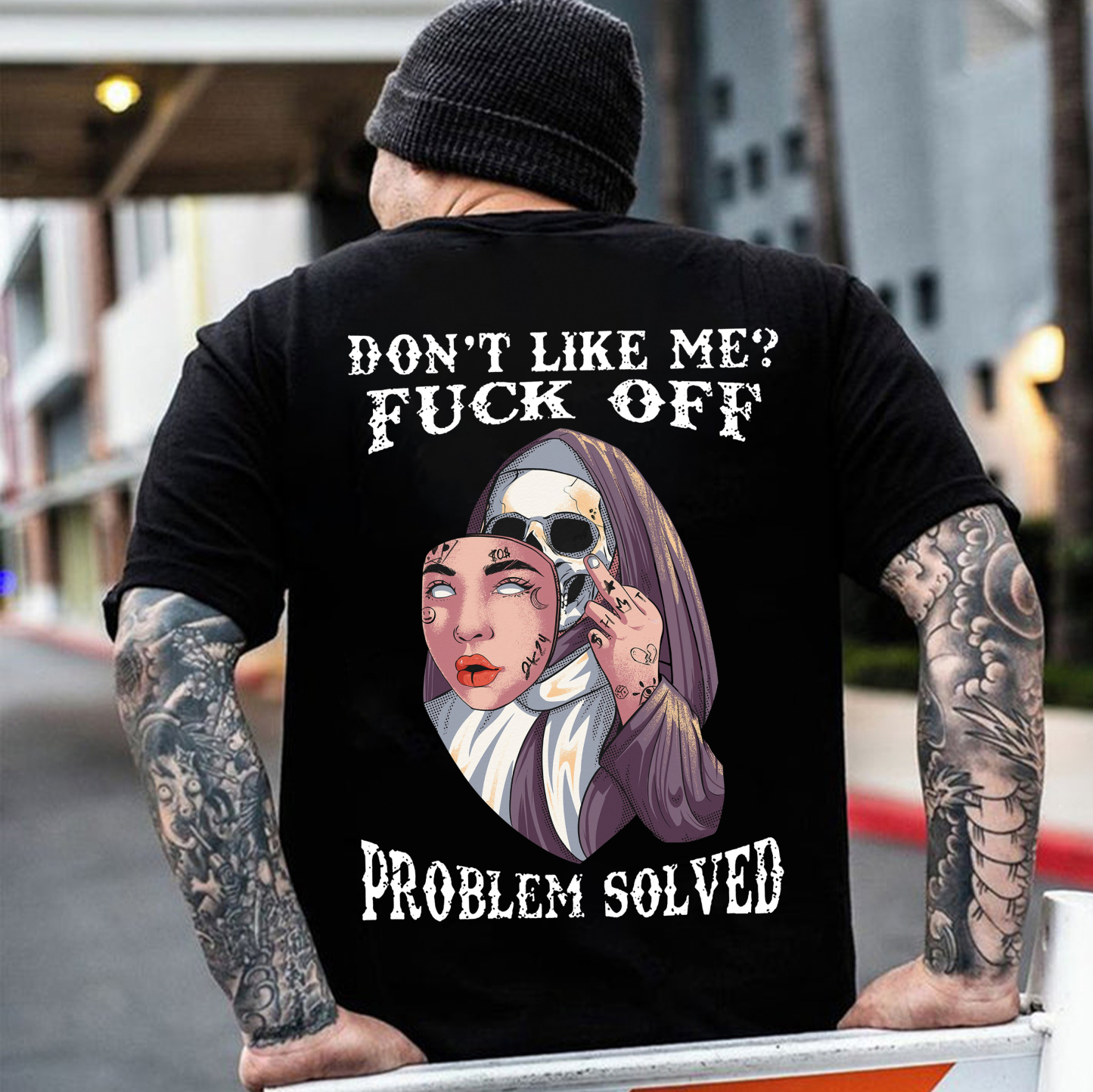 DON'T LIKE ME FUCK OFF Human Skin Mask Skeleton Black Print T-shirt