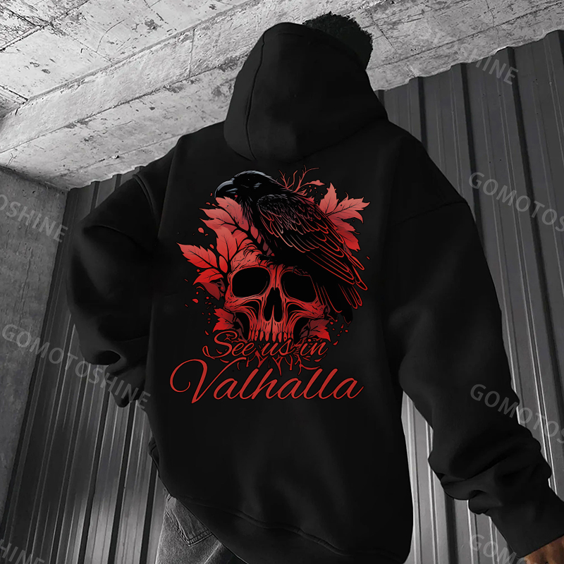 SEE US IN VALHALLA Crow&Skull Print Men's Hoodie