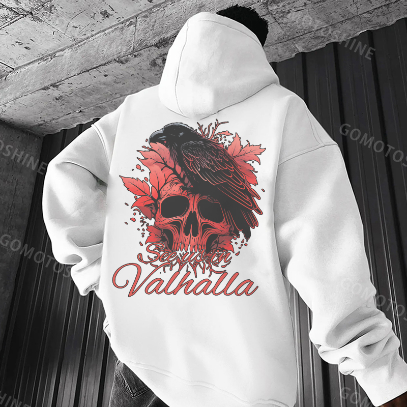 SEE US IN VALHALLA Crow&Skull Print Men's Hoodie
