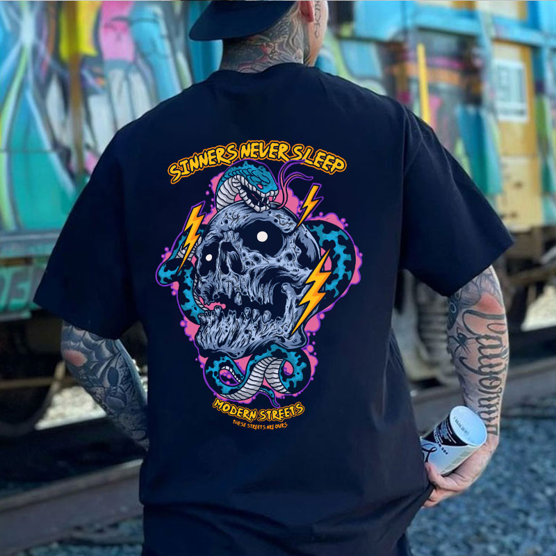 SINNERS NEVER SLEEP Skull with Snake Black Print T-shirt