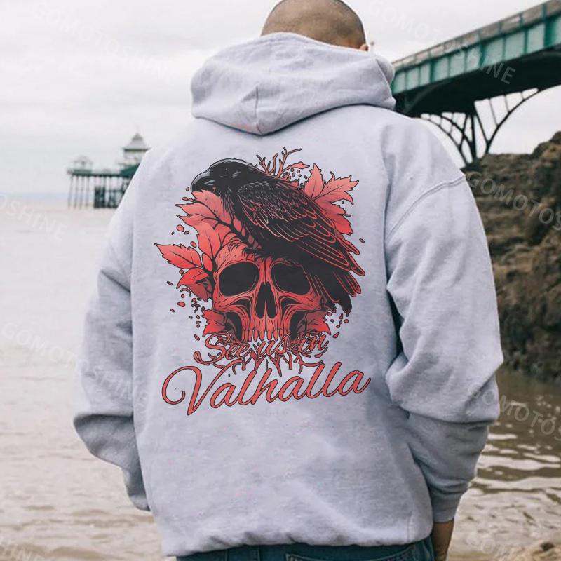 SEE US IN VALHALLA Crow&Skull Print Men's Hoodie