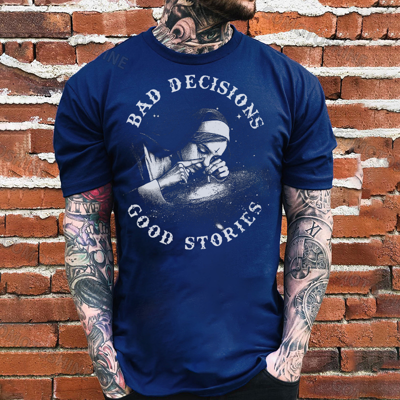 BAD DECISIONS GOOD STORIES Smoking Nun Print Men's T-Shirt