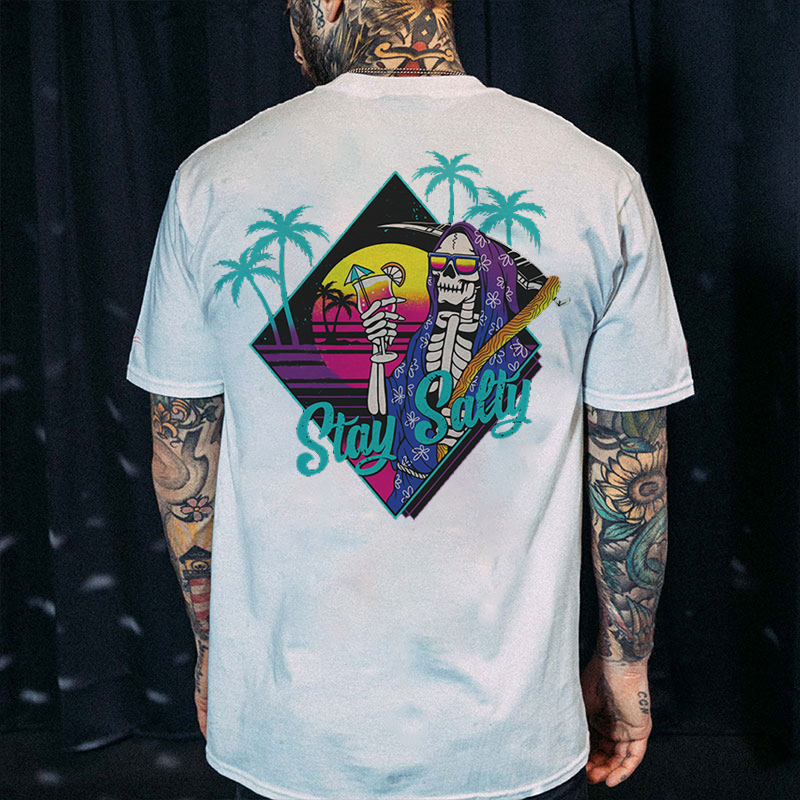 STAY SALTY Tropical Skeleton Black Print T-shirt