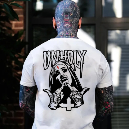 UNHOLY Nun with Crucifix on Forehead Graphic Casual Black Print T-shirt