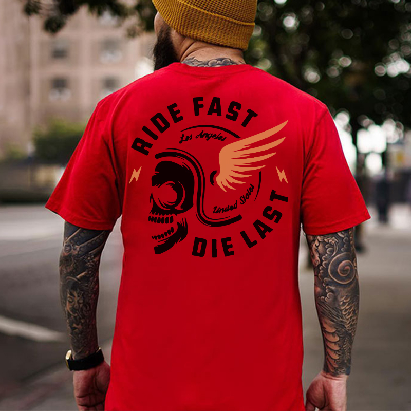 RIDE FAST DIE LAST Crazy Skull with a wings helmet Black Print T-shirt