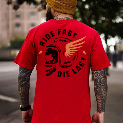 RIDE FAST DIE LAST Crazy Skull with a wings helmet Black Print T-shirt