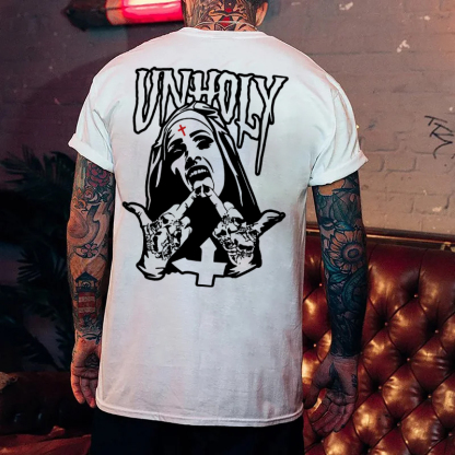 UNHOLY Nun with Crucifix on Forehead Graphic Casual Black Print T-shirt