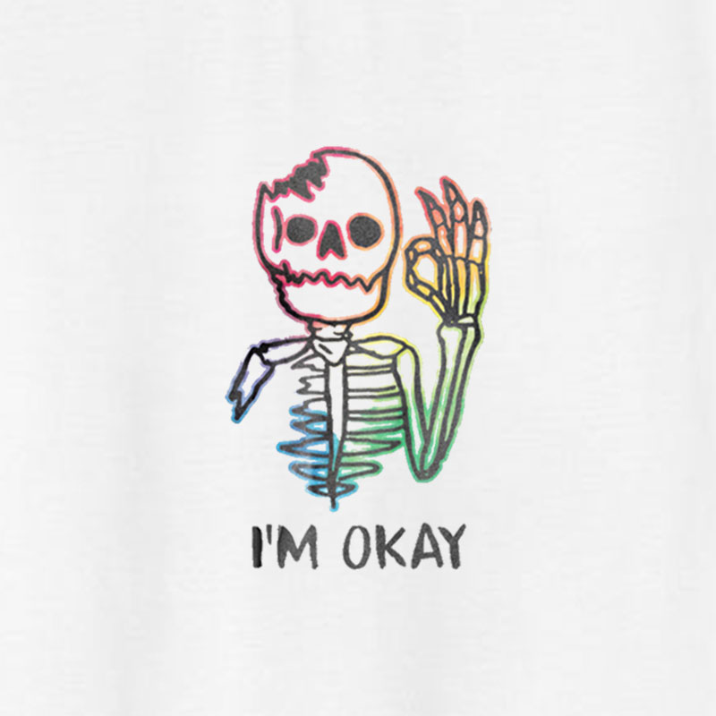 Multicolored Skull Bone I’M OK Graphic White Print T-shirt
