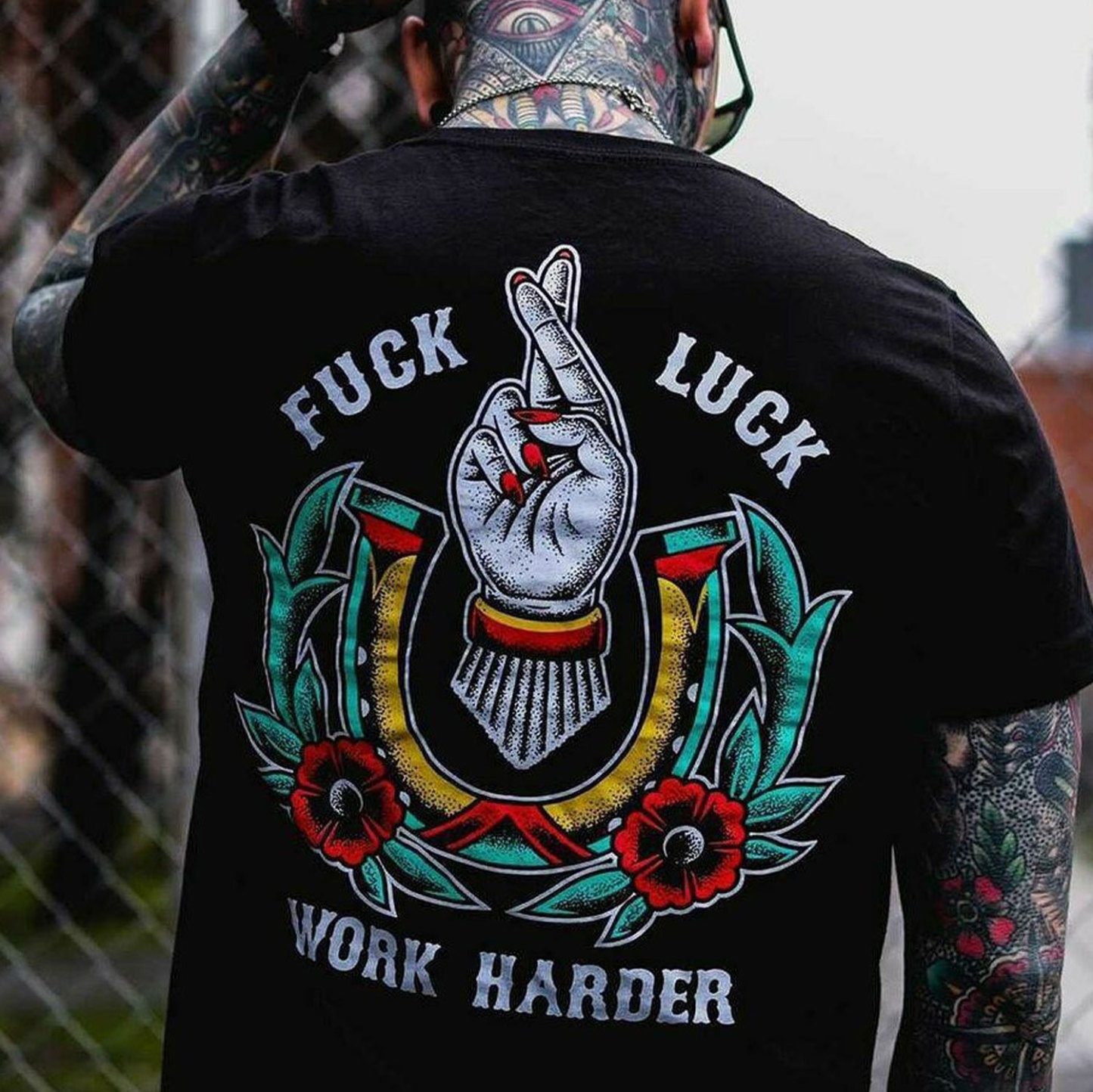 FUCK LUCK WORK HARDER Hand Flowers Print T-shirt