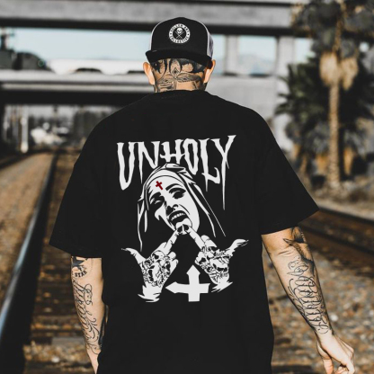 UNHOLY Nun with Crucifix on Forehead Graphic Casual Black Print T-shirt