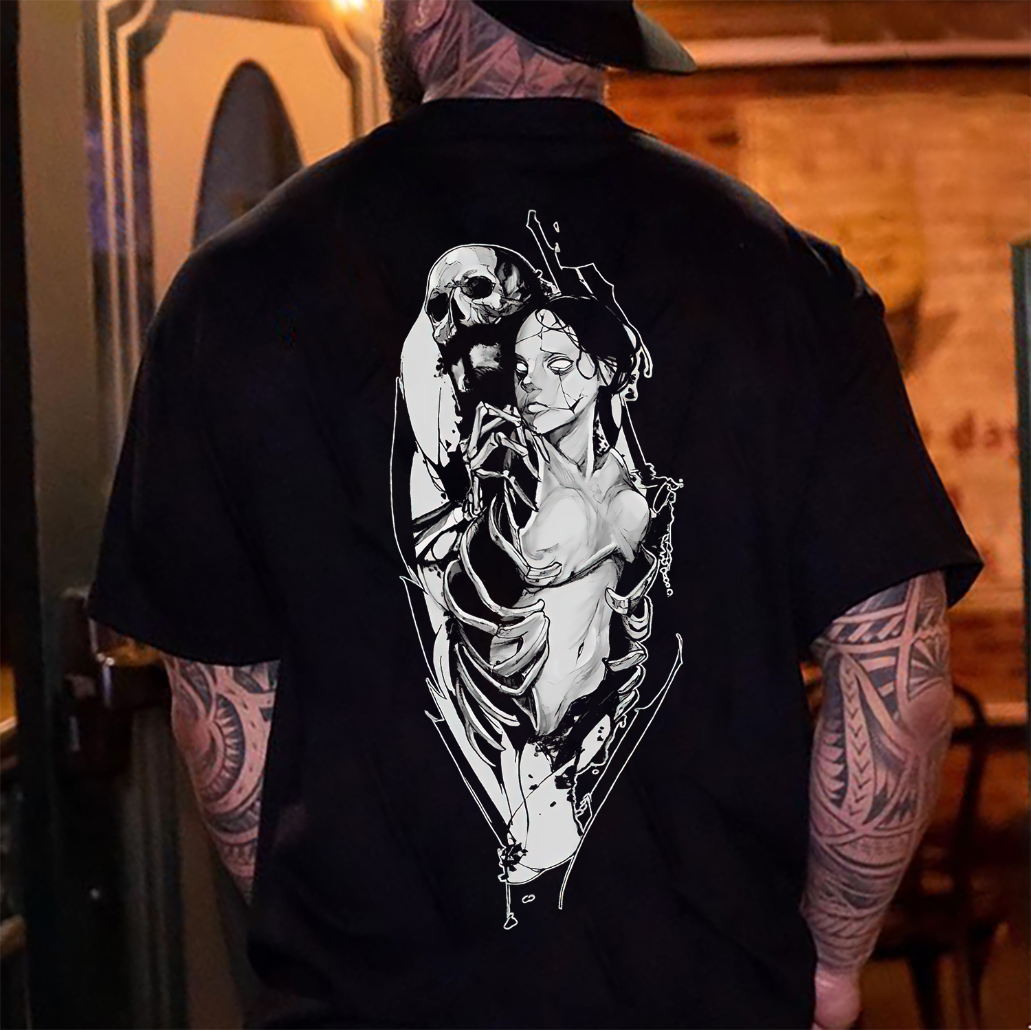 Skeleton Girl Demon Hellish Style Black Print T-shirt