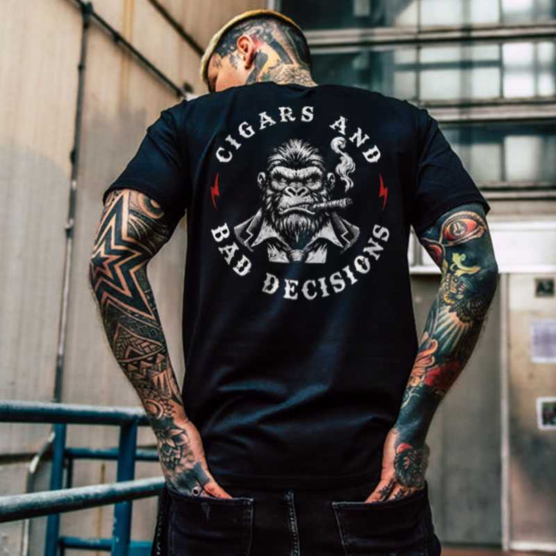 CIGARS AND BAD DECISIONS Chimpanzee Black Print T-Shirt