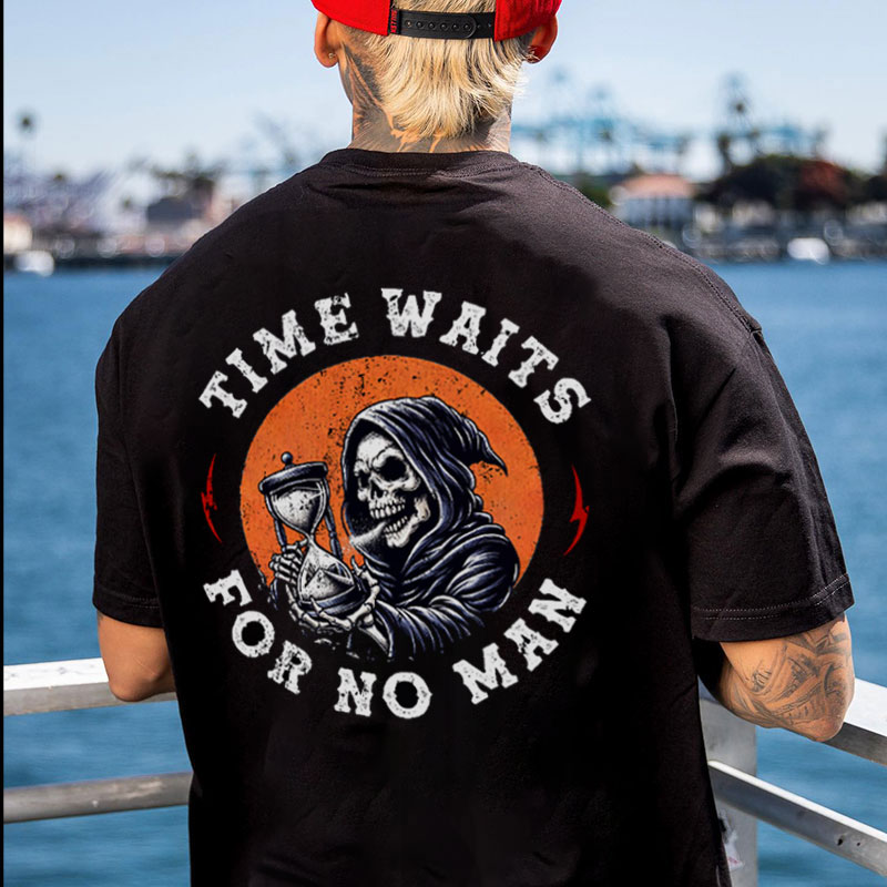 TIME WAITS FOR NO MAN Skeleton Black Print T-shirt