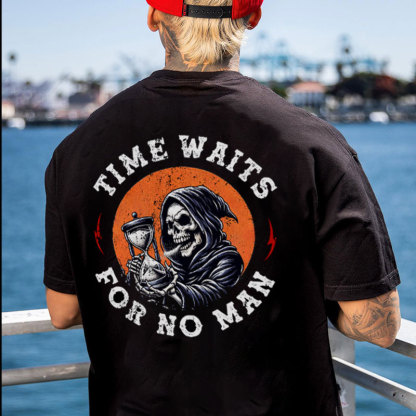 TIME WAITS FOR NO MAN Skeleton Black Print T-shirt