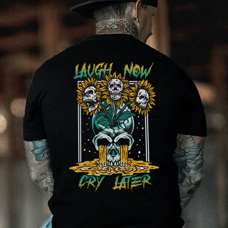 LAUGH NOW CRY LATER Sunflower Skull Black Print T-shirt