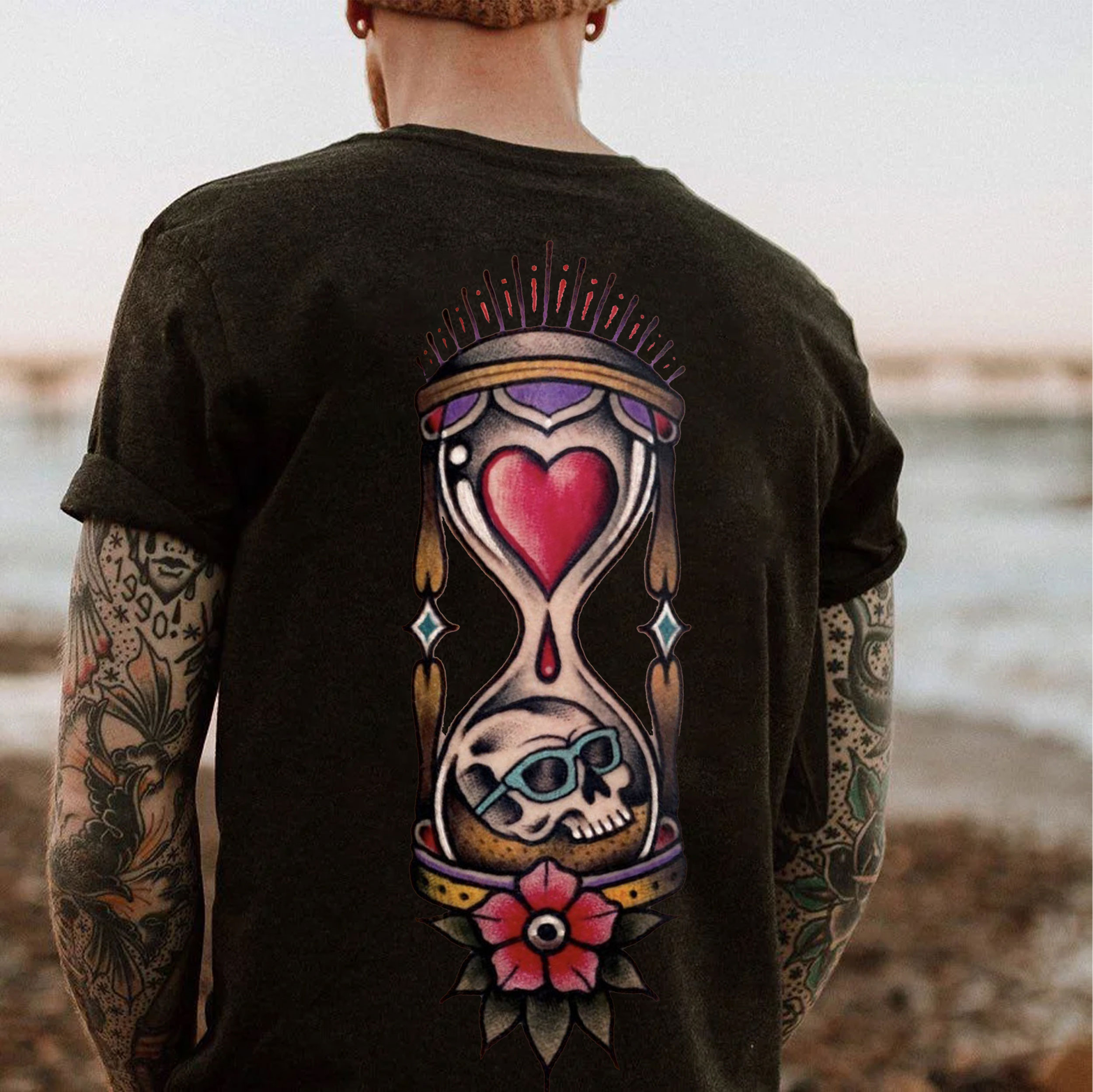 Skulls on the Gourd Shaped Old School Style Black Print T-Shirt