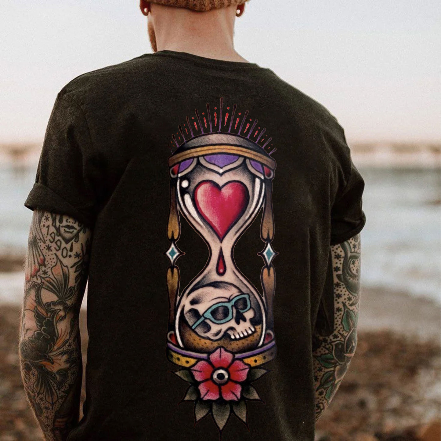 Skulls on the Gourd Shaped Old School Style Black Print T-Shirt