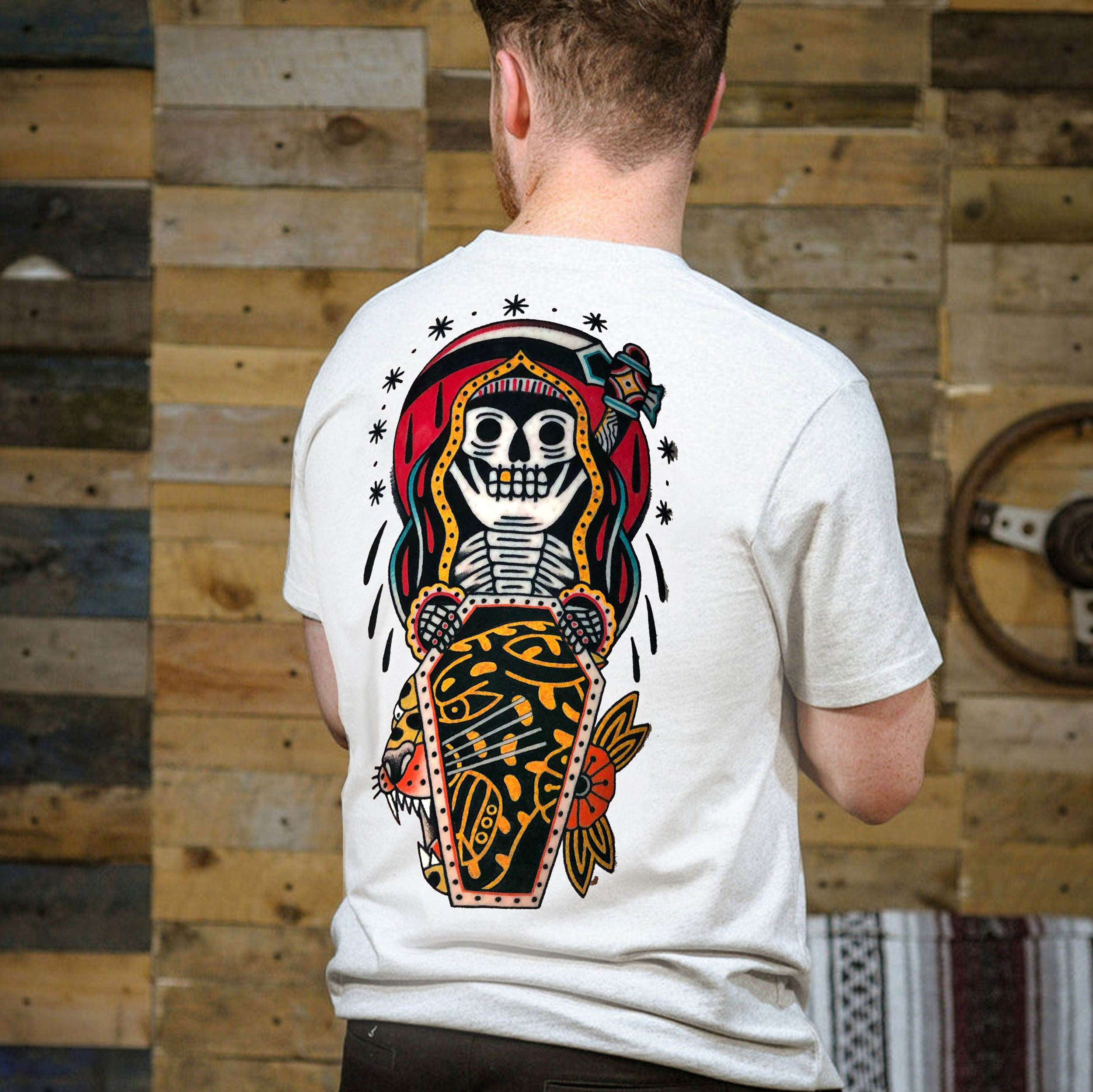 Skull with Coffin Old School Style White Print T-Shirt