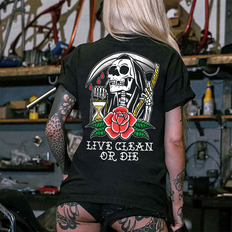 LIFE CLEAN OR DIE Skeleton Print Women's T-shirt