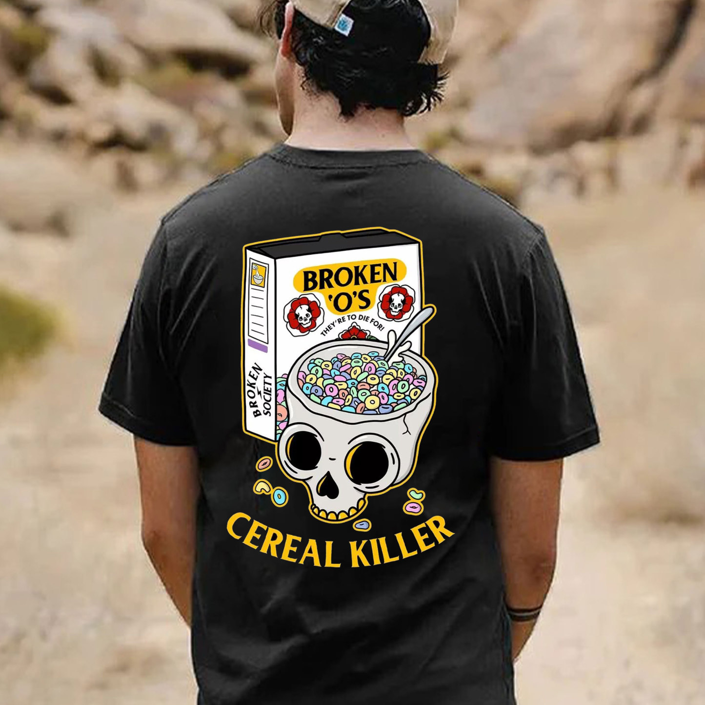 BROKEN CEREAL KILLER Skull Black Print T-Shirt