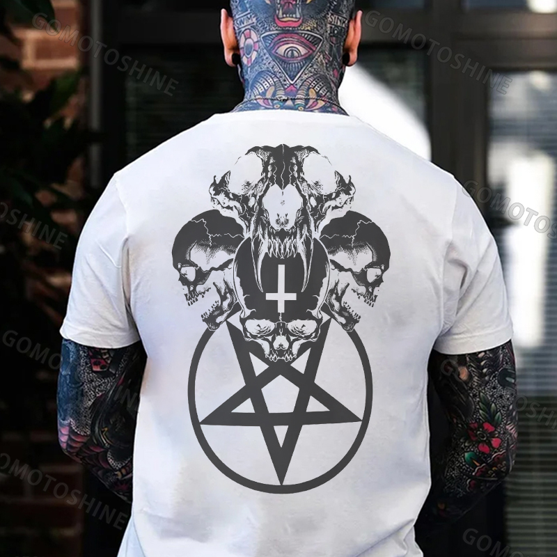 Multifacial Skulls with Star Circle Black Print T-shirt